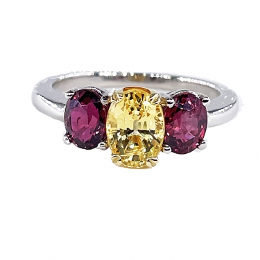 Vintage GIA 2.57ct No-Heat Yellow Sapphire Ruby Trilogy Platinum 18K Gold Ring