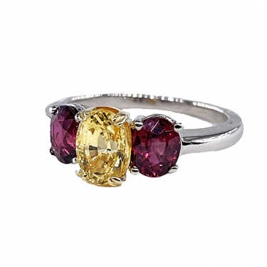 Vintage GIA 2.57ct No-Heat Yellow Sapphire Ruby Trilogy Platinum 18K Gold Ring