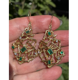 VINTAGE EMERALD and DIAMOND 18K YELLOW GOLD PLATINUM HANDMADE EARRINGS