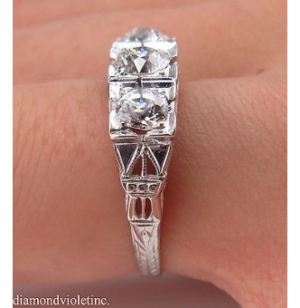 RESERVED... 1.40ct Antique Vintage Art Deco Old European Diamond Three Stone Engagement Wedding 14k White Gold Ring 