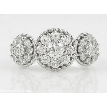 1.51ct Estate Vintage Round Diamond 3 Stone Cluster Engagement Wedding 14k White Gold Ring 