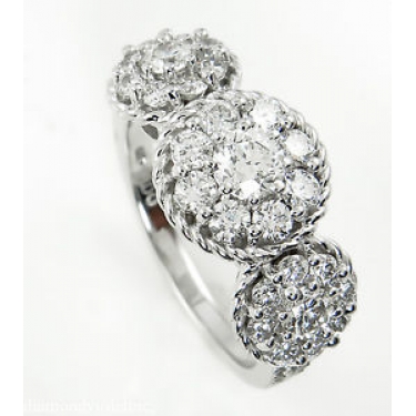1.51ct Estate Vintage Round Diamond 3 Stone Cluster Engagement Wedding 14k White Gold Ring 