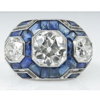 RESERVED... 7.28ct Antique Vintage Art Deco Old European Diamond Sapphire Three Stone Engagement Wedding Platinum Ring 