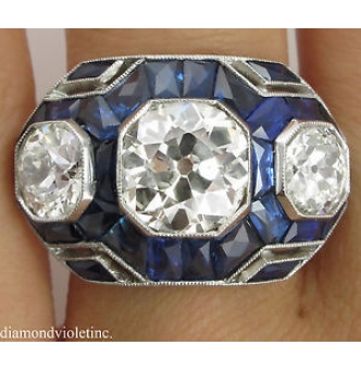 RESERVED... 7.28ct Antique Vintage Art Deco Old European Diamond Sapphire Three Stone Engagement Wedding Platinum Ring 