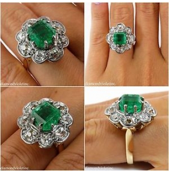 RESERVED...GIA 3.72ct Antique Vintage Victorian Colombian Green Emerald Diamond Cluster Engagement Wedding 18k Yellow Gold Ring 