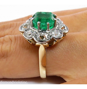 RESERVED...GIA 3.72ct Antique Vintage Victorian Colombian Green Emerald Diamond Cluster Engagement Wedding 18k Yellow Gold Ring 