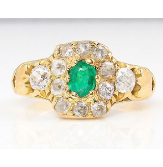 RESERVED... 1.00ct Antique Vintage Victorian Green Emerald Diamond Engagement Wedding Cluster 18k Yellow Gold Ring EGL USA