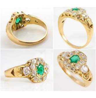 RESERVED... 1.00ct Antique Vintage Victorian Green Emerald Diamond Engagement Wedding Cluster 18k Yellow Gold Ring EGL USA