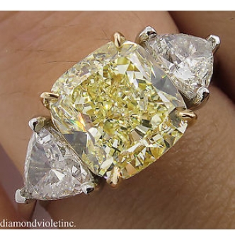 RESERVED...GIA 4.50ct Estate Vintage Fancy Yellow Cushion 3 Stone Engagement Wedding Platinum/ 18k Yellow Gold Ring 