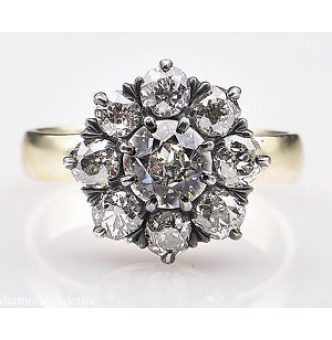 RESERVED.. 1.43ct Antique Vintage Old European Diamond Cluster Engagement Wedding 14k Yellow Gold Silver Ring EGL USA