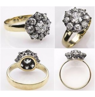RESERVED.. 1.43ct Antique Vintage Old European Diamond Cluster Engagement Wedding 14k Yellow Gold Silver Ring EGL USA