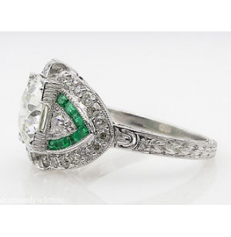 Reserved GIA 3.10ct Estate Vintage Old European Diamond Green Emerald Engagement Wedding Platinum Ring 