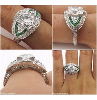 Reserved GIA 3.10ct Estate Vintage Old European Diamond Green Emerald Engagement Wedding Platinum Ring 
