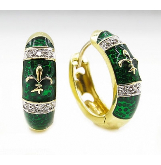 RESERVED...Estate Vintage Diamond Green Enamel Fleur De Lis Huggies Hoop Earrings 14k Yellow Gold 