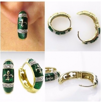 RESERVED...Estate Vintage Diamond Green Enamel Fleur De Lis Huggies Hoop Earrings 14k Yellow Gold 