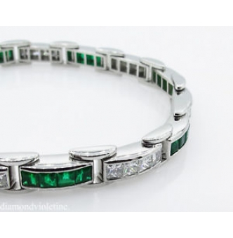 RESERVED..... 9.10ct Estate Vintage Princess Diamond Green Emerald Tennis Channel set Bracelet Platinum