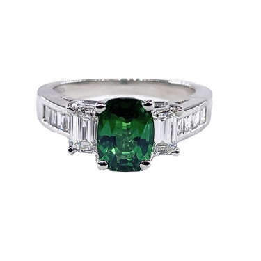 Vintage GIA 2.46ctw Natural Green Cushion Cut Tsavorite Diamond Platinum Ring