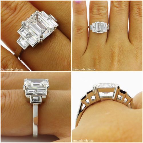 GIA 3.09ct Estate Vintage Emerald Diamond Engagement Wedding Platinum Ring