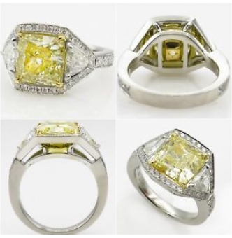 RESERVED... GIA 5.84ct Estate Vintage Fancy Yellow Cushion Diamond Three Stone Engagement Wedding Platinum Ring 