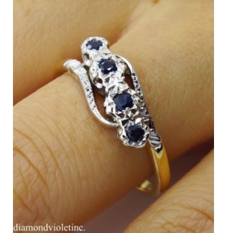 RESERVED... 0.18ct Antique Vintage Blue Sapphire Four Stone Engagement Wedding 18k Two Tone Gold Ring