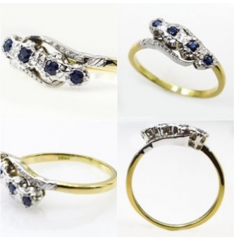 RESERVED... 0.18ct Antique Vintage Blue Sapphire Four Stone Engagement Wedding 18k Two Tone Gold Ring