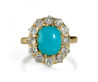 RESERVED... GIA 3.60ct Authentic Antique Victorian Turquoise Diamond Cluster Cocktail 18k Yellow Gold Ring