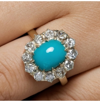 RESERVED... GIA 3.60ct Authentic Antique Victorian Turquoise Diamond Cluster Cocktail 18k Yellow Gold Ring