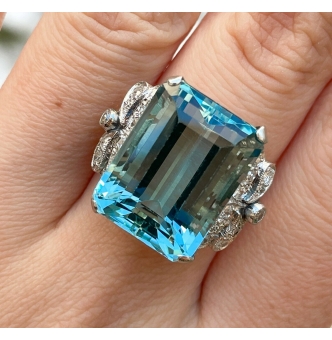 Reserved GIA 17.85ct Antique Vintage Art Deco Natural Aquamarine Diamond Fashion Right Hand Platinum Ring