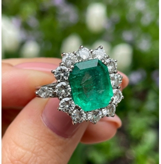 GIA 6.0ct Vintage Colombian Green Emerald Diamond Cluster Engagement Wedding 18k White Gold Ring